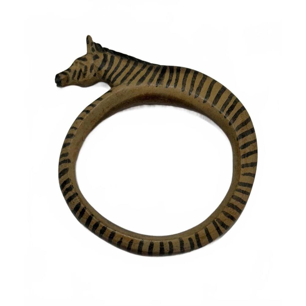 Vintage Handcrafted Zebra Pattern Wooden Bangle Bracelet
